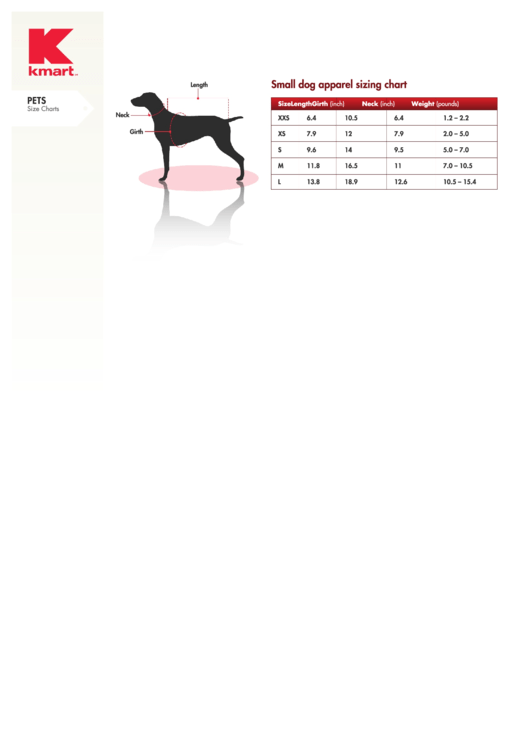 Kmart Small Dog Apparel Sizing Chart Printable pdf