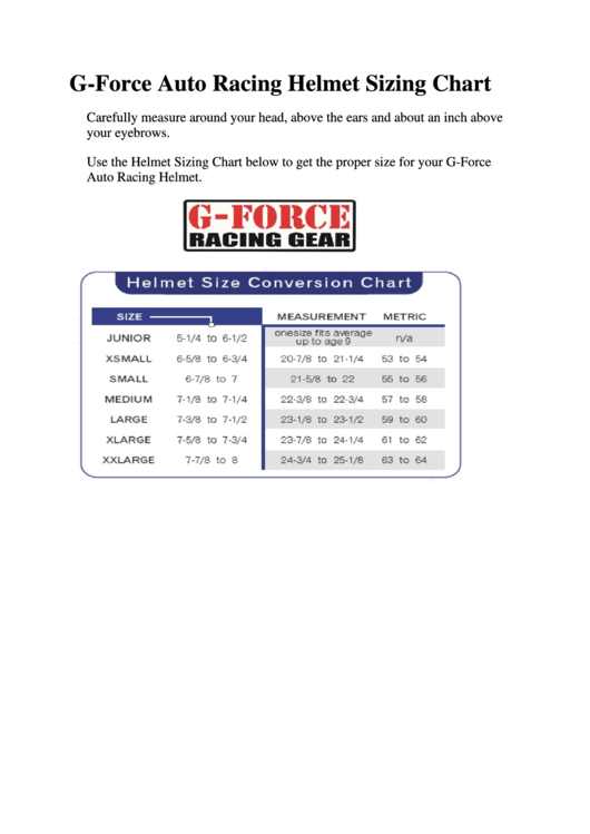 G-Force Auto Racing Helmet Sizing Chart Printable pdf