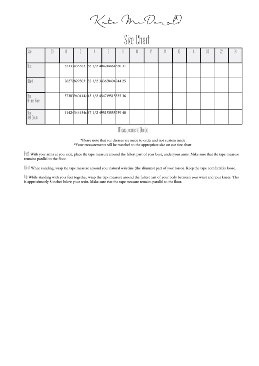 Kate Mcdonald Women Size Chart