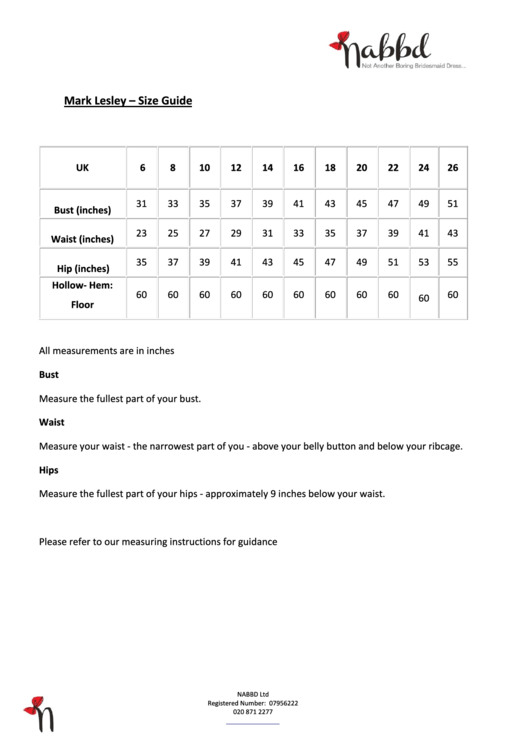 Nabbd Mark Lesley Size Guide