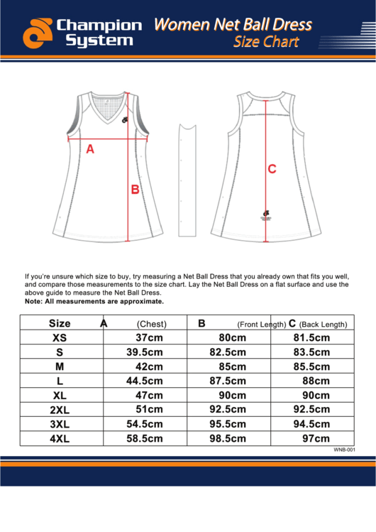 Champion System Women Net Ball Dress Size Chart Printable pdf