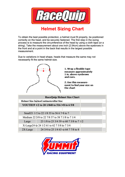 Racequip Helmet Sizing Chart Printable pdf