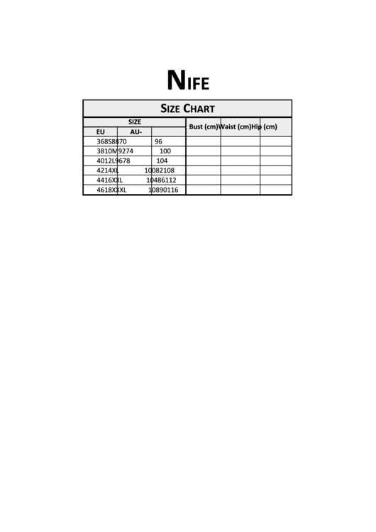 Nife Dress Size Chart Printable pdf