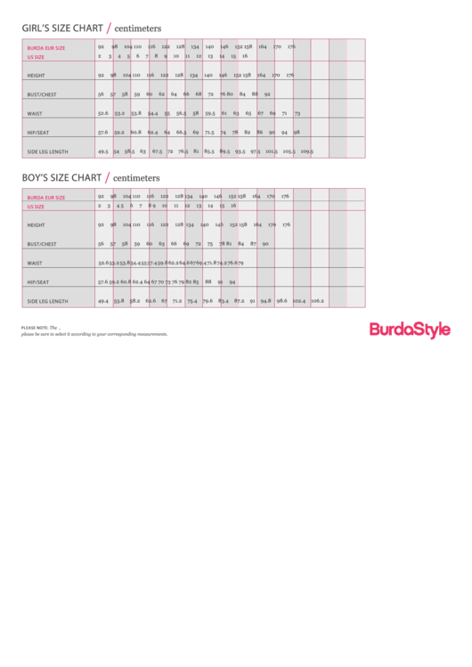 Burda Style Kids Size Chart printable pdf download