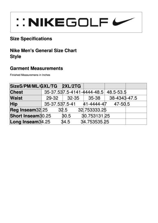 Nikegolf Nike Men'S General Size Chart printable pdf download