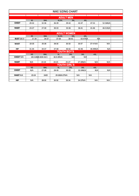 Nike Sizing Chart printable pdf download