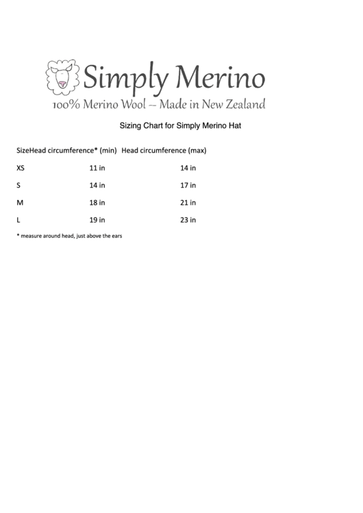 Simply Merino Hat Sizing Chart Printable pdf