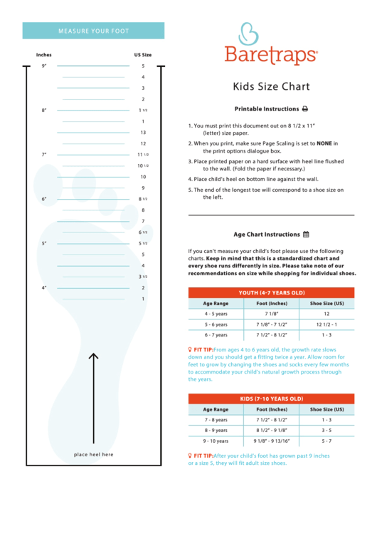 Baretraps Kids Shoe Size Chart Printable pdf