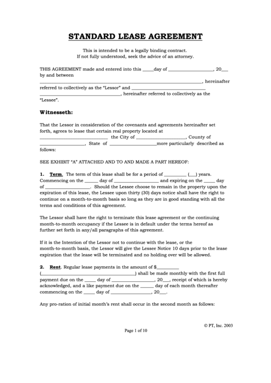 Standard Lease Agreement Printable pdf
