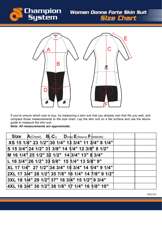 Champion System Woman Donna Forte Skin Suit Size Chart Printable pdf