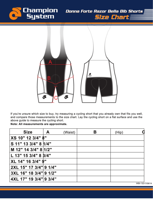 Champion System Donna Forte Razor Bella Bib Shorts Size Chart Printable pdf