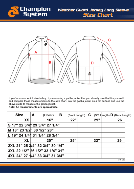 Champion System Weather Guard Jersey Long Sleeve Size Chart Printable pdf