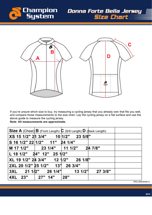 Champion System Donna Forte Bella Jersey Size Chart Printable pdf