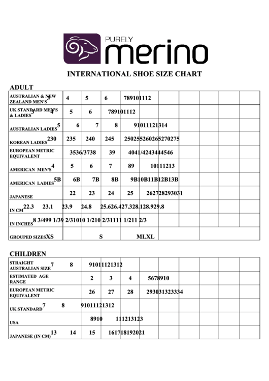 Purely Merino International Shoe Size Chart Printable pdf