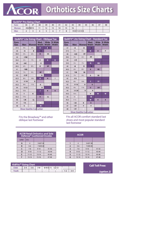 Acor Orthotics Size Charts Printable pdf