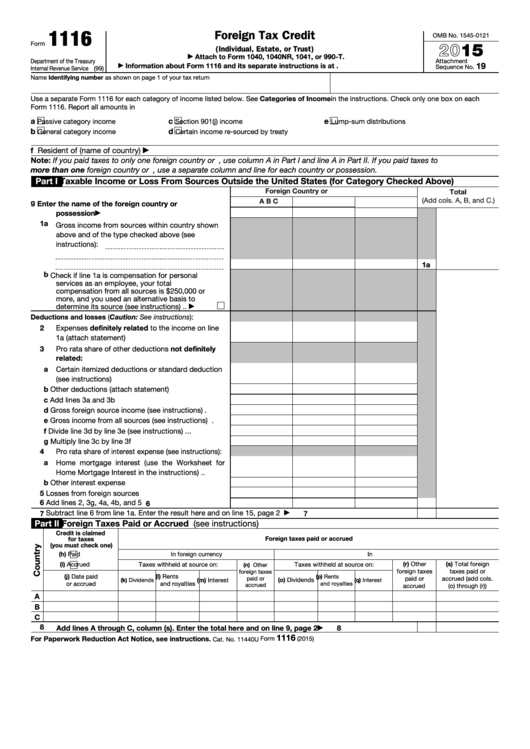 Fillable Form 1116 Foreign Tax Credit Printable pdf