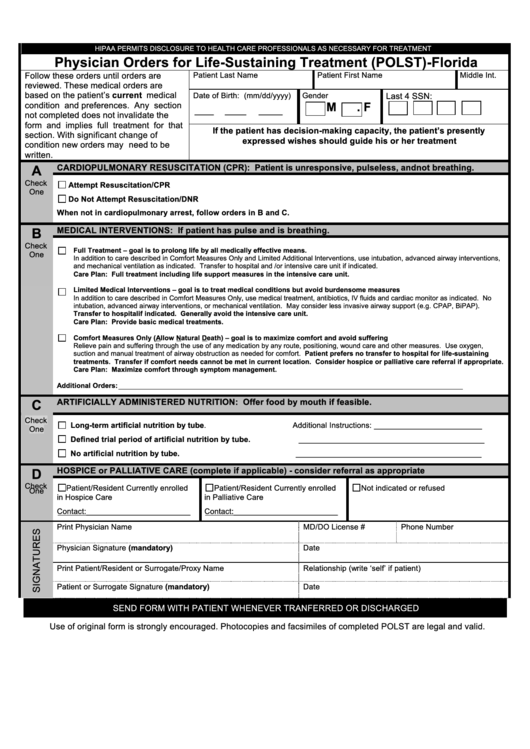 Physician Orders For Life-Sustaining Treatment (Polst)-Florida Printable pdf