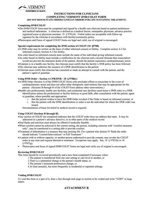 Dnr/colst Clinician Orders For Dnr/cpr And Other Life Sustaining Treatment Printable pdf