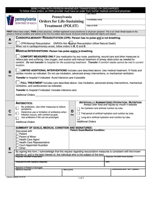 Pennsylvania Orders For Life-Sustaining Treatment (Polst) Printable pdf