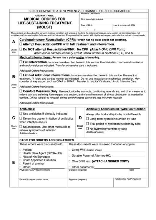 Cincinnati Area Medical Orders For Life-Sustaining Treatment (Molst) Printable pdf