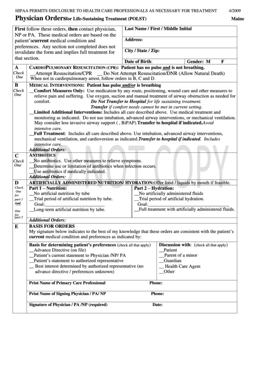 Physician Orders For Life-Sustaining Treatment (Polst) Maine Printable pdf