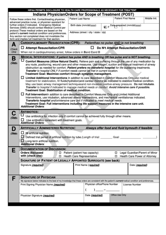 Indiana Physician Orders For Scope Of Treatment (Post) Printable pdf