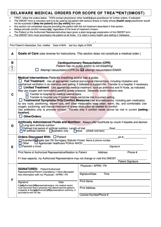 Delaware Medical Orders For Scope Of Treatment (Dmost) Printable pdf