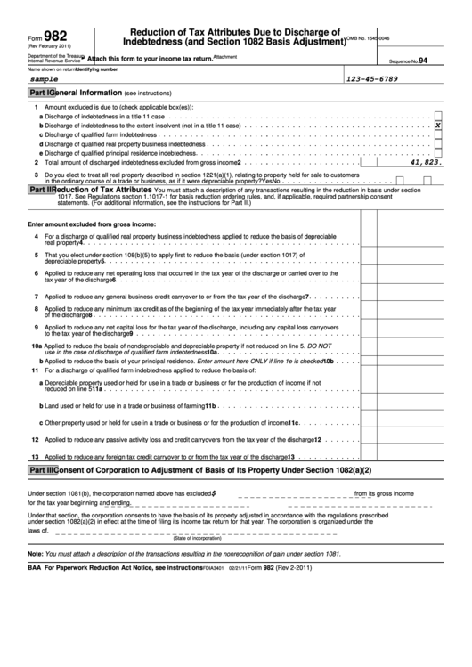 Form 982 - Reduction Of Tax Attributes Due To Discharge Of Indebtedness ...