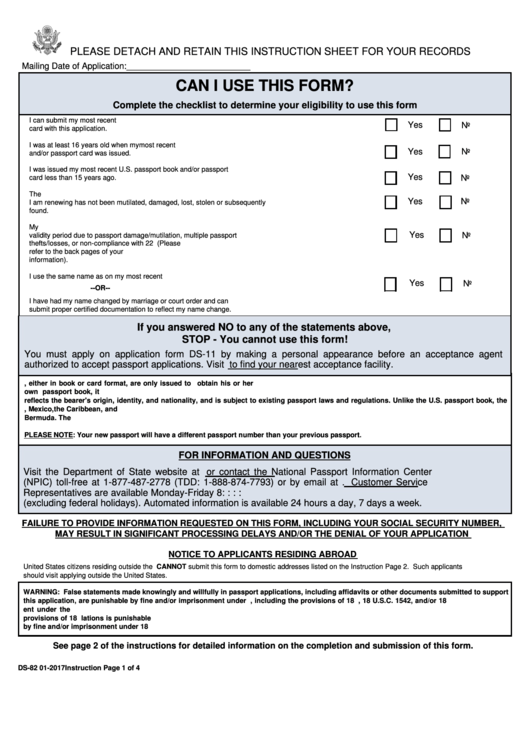 Form Ds 82 U s Passport Renewal Application For Eligible Individuals Printable Pdf Download