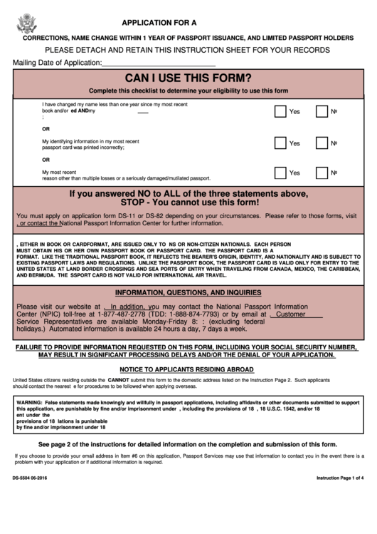 Application For A U.s. Passport Corrections, Name Change Within 1 Year Of Passport Issuance, And Limited Passport Holders Printable pdf