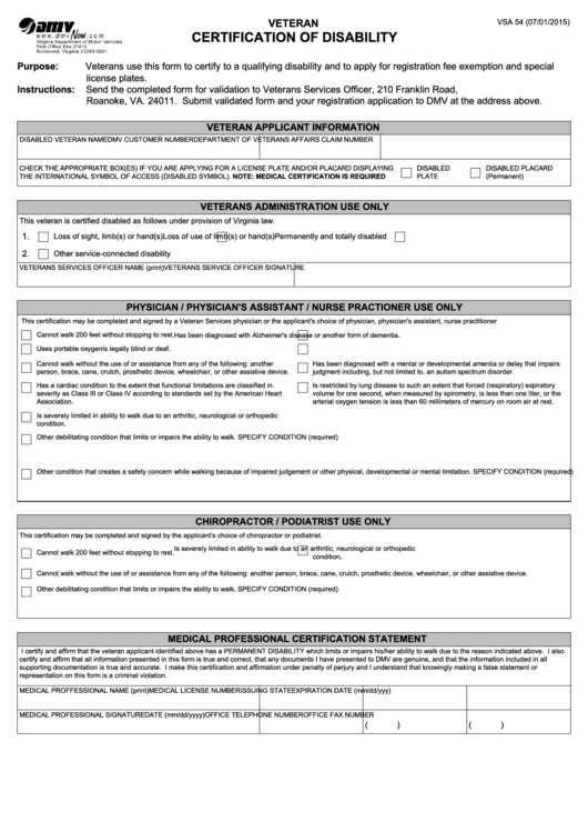 Fillable Certification Of Disability printable pdf download