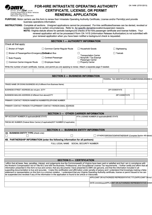 Fillable Form Oa 144m - For-Hire Intrastate Operating Authority Certificate, License, Or Permit Renewal Application Printable pdf