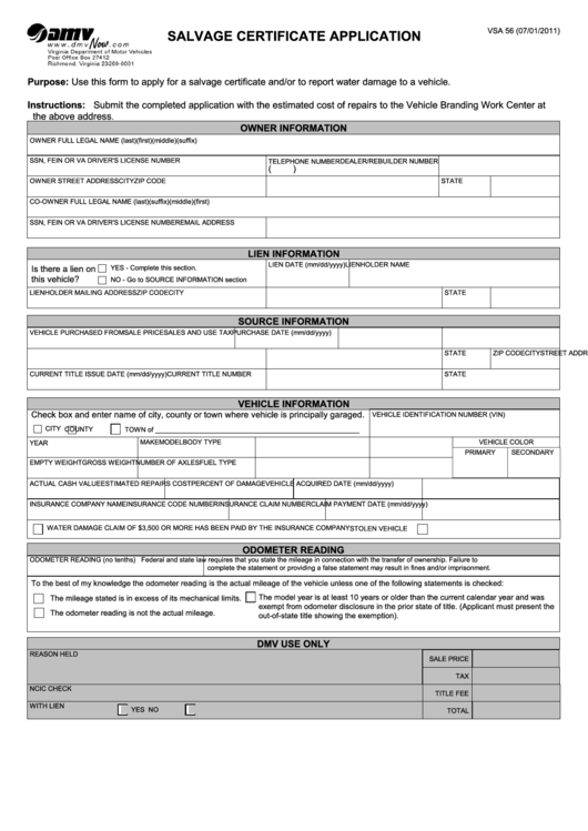 Fillable Form Vsa 56 - Salvage Certificate Application Printable pdf