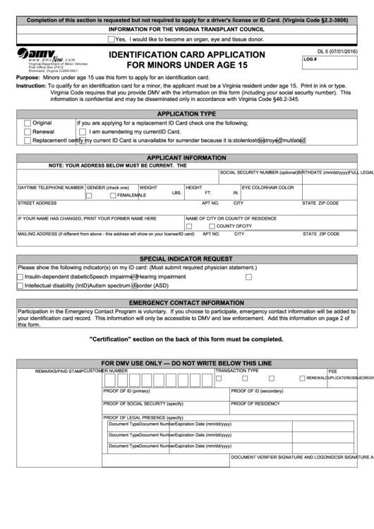Fillable Form Dl 5 - Identification Card Application For Minors Under Age 15 Printable pdf