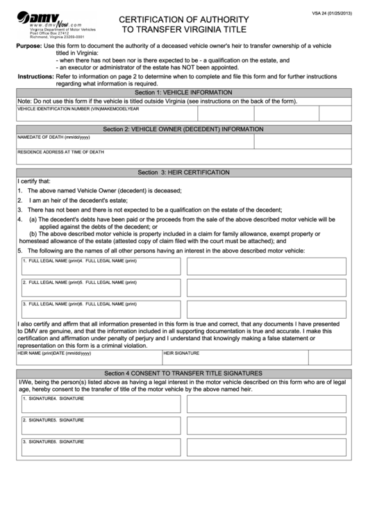Fillable Form Vsa 24 - Certification Of Authority To Transfer Virginia Title Printable pdf