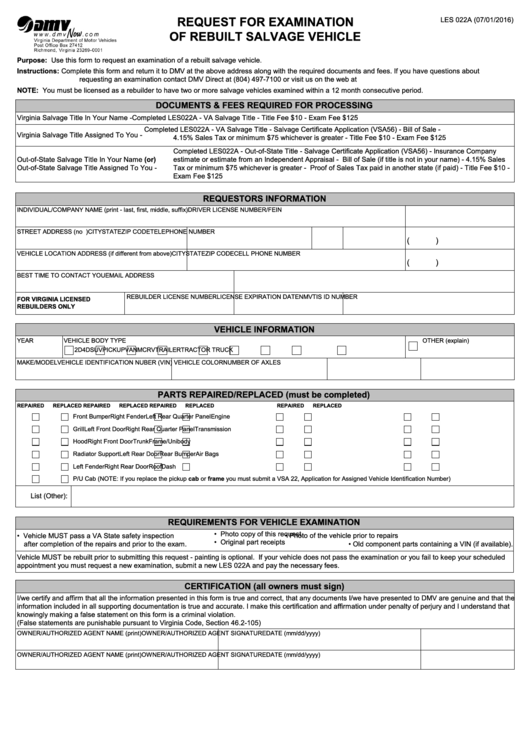 Fillable Form Les 022a - Request For Examination Of Rebuilt Salvage Vehicle Printable pdf