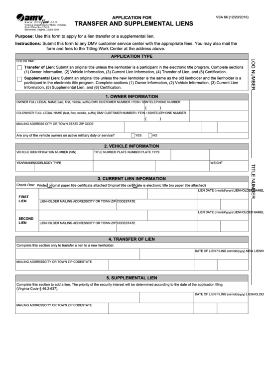 Form Vsa 66 - Application For Transfer And Supplemental Liens