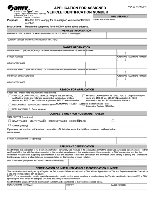 Fillable Form Vsa 22 - Application For Assigned Vehicle Identification Number Printable pdf