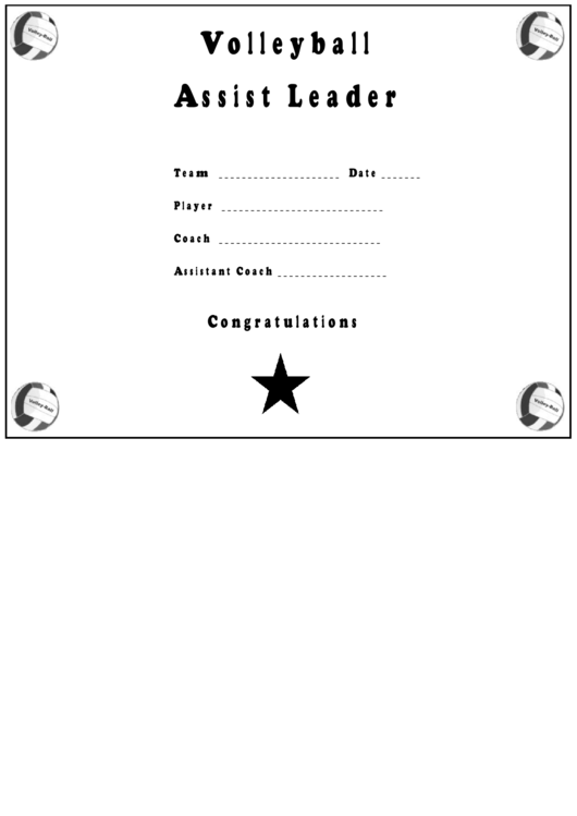 Volleyball Assist Leader Award Certificate Printable pdf