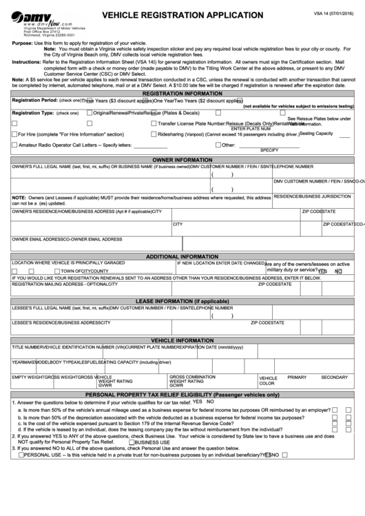 Fillable Form Vsa 14 - Vehicle Registration Application Printable pdf