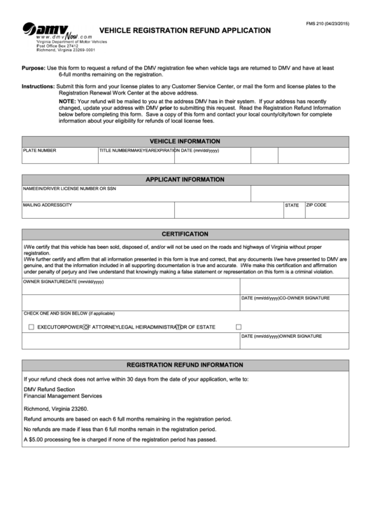 Fillable Form Fms 210 - Vehicle Registration Refund Application Printable pdf
