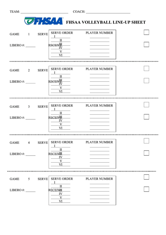 Fhsaa Volleyball Line Up Sheet Printable pdf