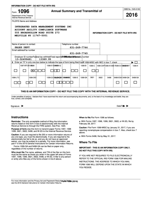 Form 1096 - Annual Summary And Transmittal Of U.s. Information Returns (Information Copy) - 2016 Printable pdf