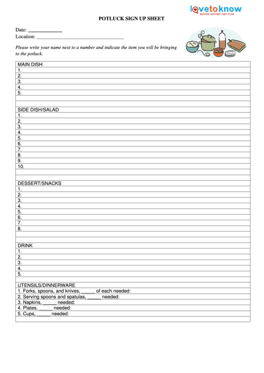 Fillable Potluck Sign Up Sheet Printable pdf