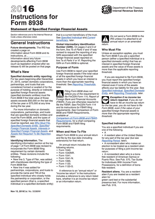 Instructions For Form 8938 - 2016 Printable pdf