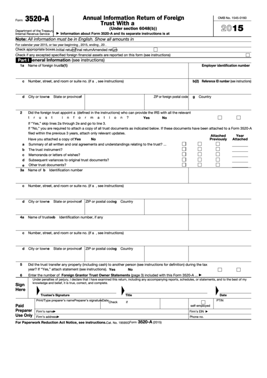 Fillable Form 3520-A - Annual Information Return Of Foreign Trust With A U.s. Owner - 2015 Printable pdf