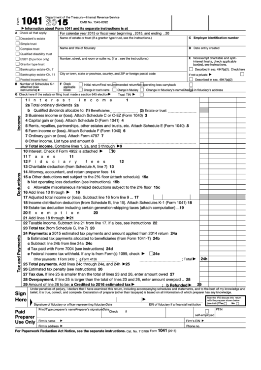 Form 1041 - U.s. Income Tax Return For Estates And Trusts - 2015