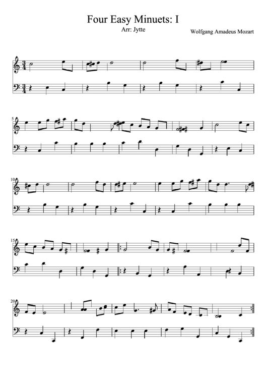 Four Easy Minuets By W Mozart Printable pdf
