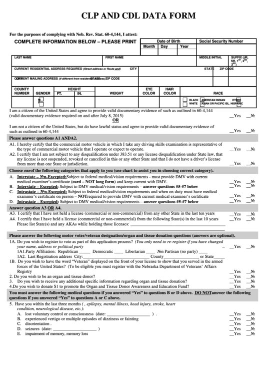 Form Dmv 06-105 - Clp And Cdl Data Form Printable pdf