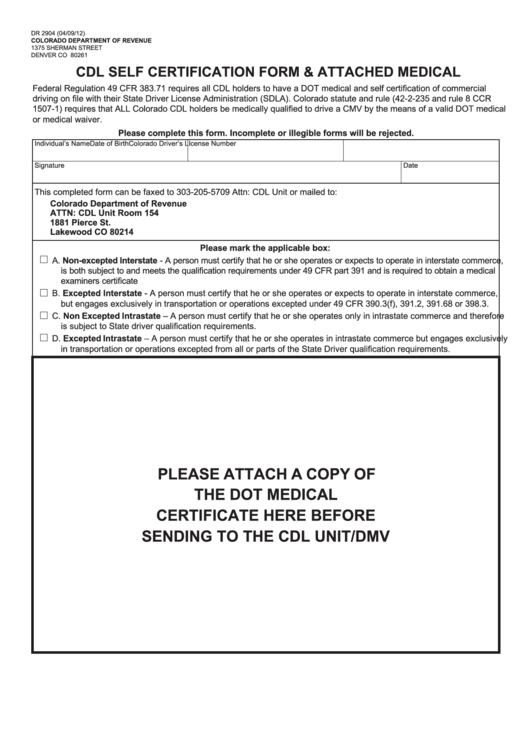 Fillable Dr 2904 - Cdl Self Certification Form & Attached Medical Printable pdf
